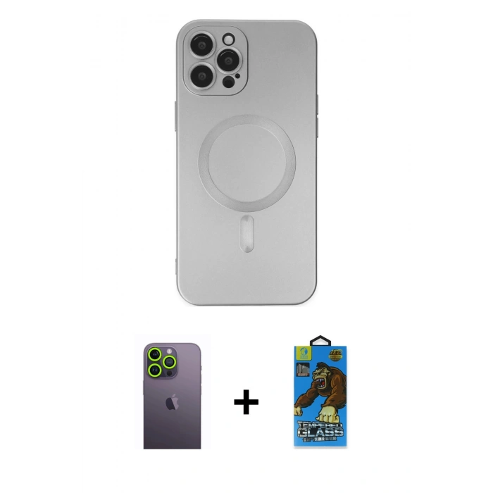 MARSİLYAN™- iPhone 12 Pro Max Kılıf Akış Minimal Özel Seri - Siyah 18D Cam Ekran Koruyucu + Neon Fosforlu Kamera Lens - YL