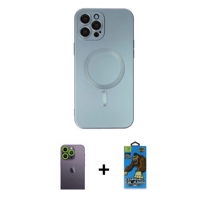MARSİLYAN™- iPhone 12 Pro Max Kılıf Akış Minimal Özel Seri - Siyah 18D Cam Ekran Koruyucu + Neon Fosforlu Kamera Lens - YL