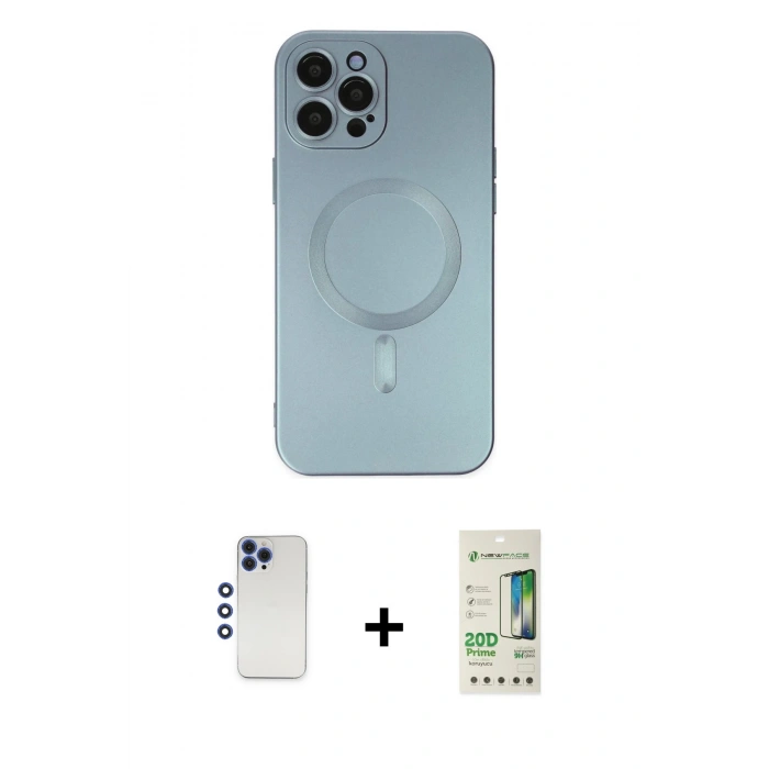MARSİLYAN™- iPhone 12 Pro Max Kılıf Akış Minimal Özel Seri - Siyah 20D Premium Cam Ekran Koruyucu + Lacivert Shine Kamera Lens