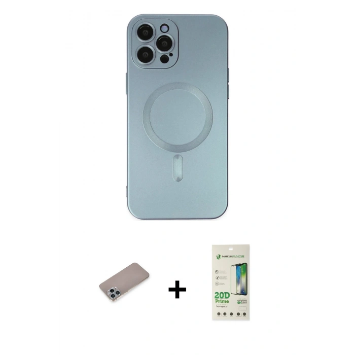 MARSİLYAN™- iPhone 12 Pro Max Kılıf Akış Minimal Özel Seri - Siyah 20D Premium Cam Ekran Koruyucu + Sierra Blue Shine Kamera Lens Koruma Cam