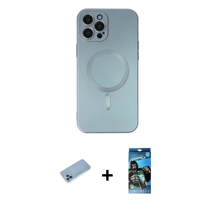 MARSİLYAN™- iPhone 12 Pro Max Kılıf Akış Minimal Özel Seri - Siyah 34D Izgaralı Cam + Mavi Shine Kamera Lens Koruma Cam