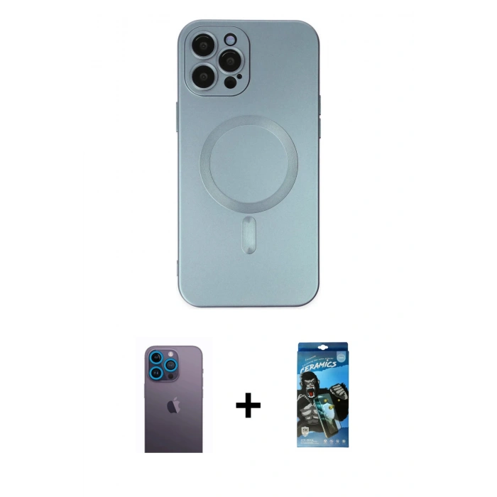 MARSİLYAN™- iPhone 12 Pro Max Kılıf Akış Minimal Özel Seri - Siyah 34D Izgaralı Cam + Neon Fosforlu Kamera Lens - MI