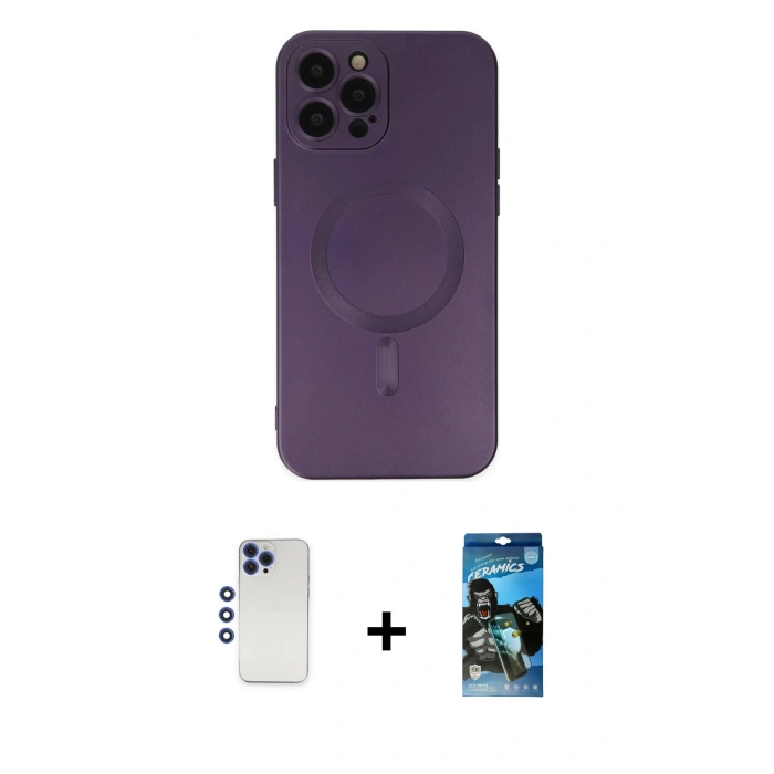 MARSİLYAN™- iPhone 12 Pro Max Kılıf Akış Minimal Özel Seri - Siyah 34D Izgaralı Cam + Shine Kamera Lens - LT