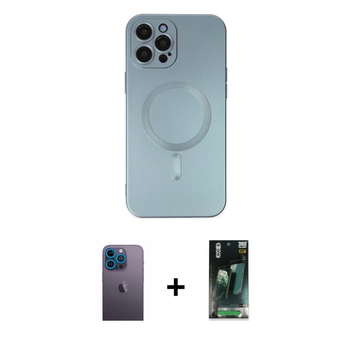 MARSİLYAN™- iPhone 12 Pro Max Kılıf Akış Minimal Özel Seri - Siyah 360 Mat Full Body Arka Koruyucu + Neon Fosforlu Kamera Lens - MI