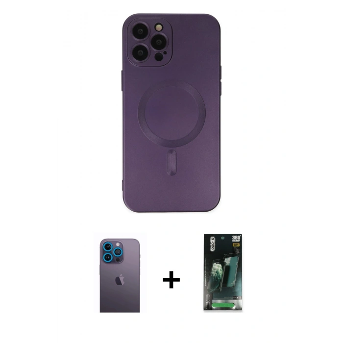 MARSİLYAN™- iPhone 12 Pro Max Kılıf Akış Minimal Özel Seri - Siyah 360 Mat Full Body Arka Koruyucu + Neon Fosforlu Kamera Lens - MI