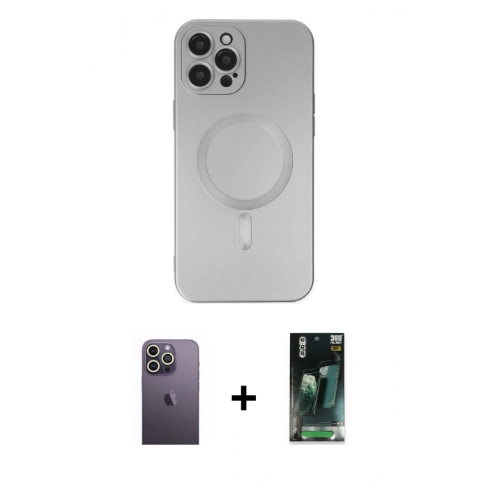 MARSİLYAN™- iPhone 12 Pro Max Kılıf Akış Minimal Özel Seri - Siyah 360 Mat Full Body Arka Koruyucu + Neon Fosforlu Kamera Lens - BZ