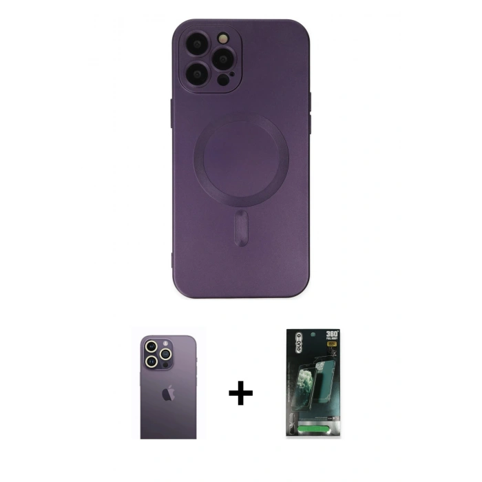 MARSİLYAN™- iPhone 12 Pro Max Kılıf Akış Minimal Özel Seri - Siyah 360 Mat Full Body Arka Koruyucu + Neon Fosforlu Kamera Lens - BZ