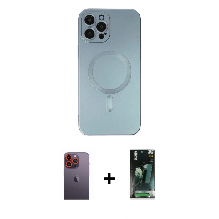 MARSİLYAN™- iPhone 12 Pro Max Kılıf Akış Minimal Özel Seri - Siyah 360 Mat Full Body Arka Koruyucu + Neon Fosforlu Kamera Lens - TU