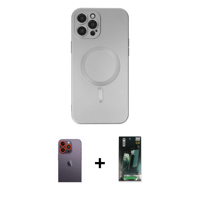 MARSİLYAN™- iPhone 12 Pro Max Kılıf Akış Minimal Özel Seri - Siyah 360 Mat Full Body Arka Koruyucu + Neon Fosforlu Kamera Lens - TU