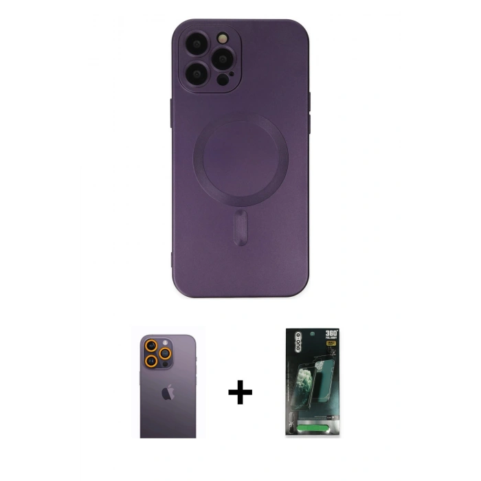 MARSİLYAN™- iPhone 12 Pro Max Kılıf Akış Minimal Özel Seri - Siyah 360 Mat Full Body Arka Koruyucu + Sarı Neon Fosforlu Kamera Lens