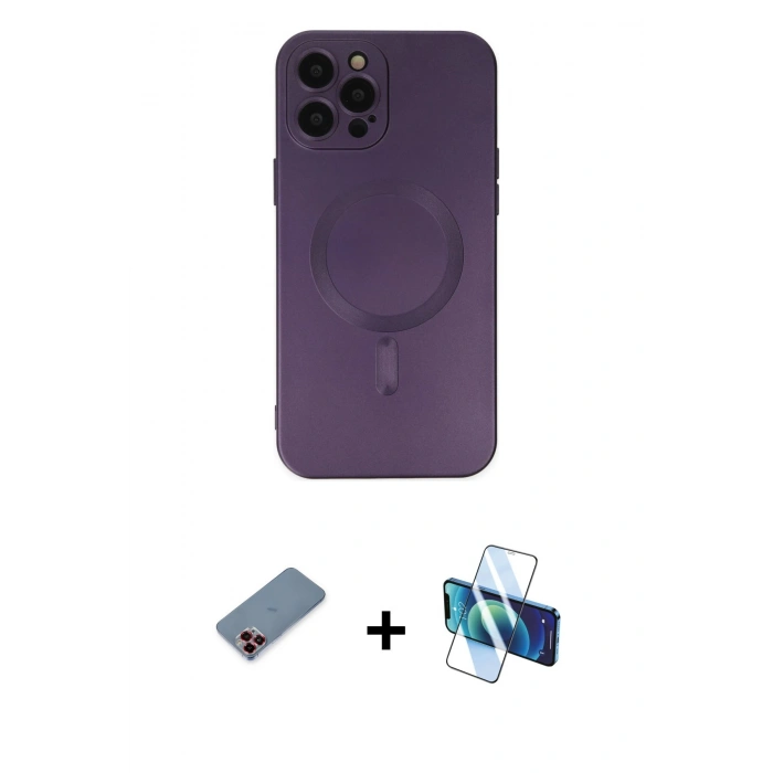 MARSİLYAN™- iPhone 12 Pro Max Kılıf Akış Minimal Özel Seri - Siyah 3D Antistatik Cam Ekran Koruyucu + Metal Kamera Lens Koruma Cam - KI