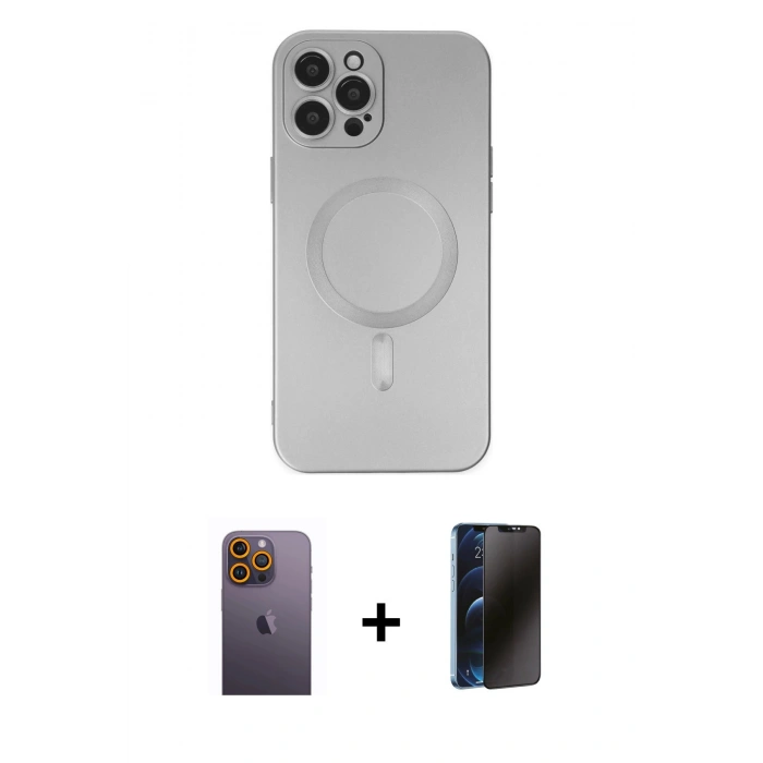 MARSİLYAN™- iPhone 12 Pro Max Kılıf Akış Minimal Özel Seri - Siyah 3D Antistatik Hayalet Cam Ekran Koruyucu + Neon Fosforlu Kamera Lens - SI