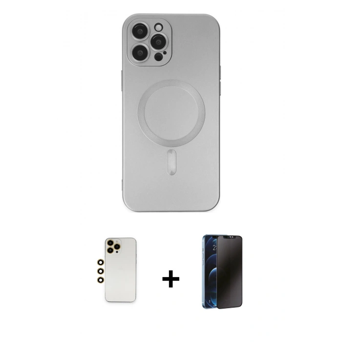 MARSİLYAN™- iPhone 12 Pro Max Kılıf Akış Minimal Özel Seri - Siyah 3D Antistatik Hayalet Cam Ekran Koruyucu + Gold Shine Kamera Lens