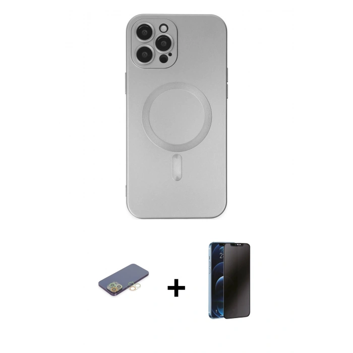 MARSİLYAN™- iPhone 12 Pro Max Kılıf Akış Minimal Özel Seri - Siyah 3D Antistatik Hayalet Cam Ekran Koruyucu + Sarı Renkli Kamera Lens Koruma Cam