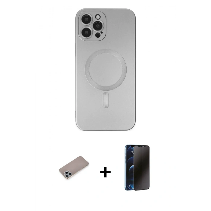 MARSİLYAN™- iPhone 12 Pro Max Kılıf Akış Minimal Özel Seri - Siyah 3D Antistatik Hayalet Cam Ekran Koruyucu + Shine Kamera Lens Koruma Cam - SABE