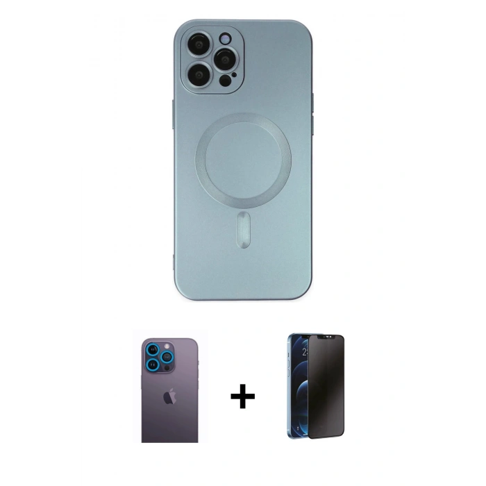 MARSİLYAN™- iPhone 12 Pro Max Kılıf Akış Minimal Özel Seri - Siyah 3D Antistatik Hayalet Cam Ekran Koruyucu + Mavi Neon Fosforlu Kamera Lens