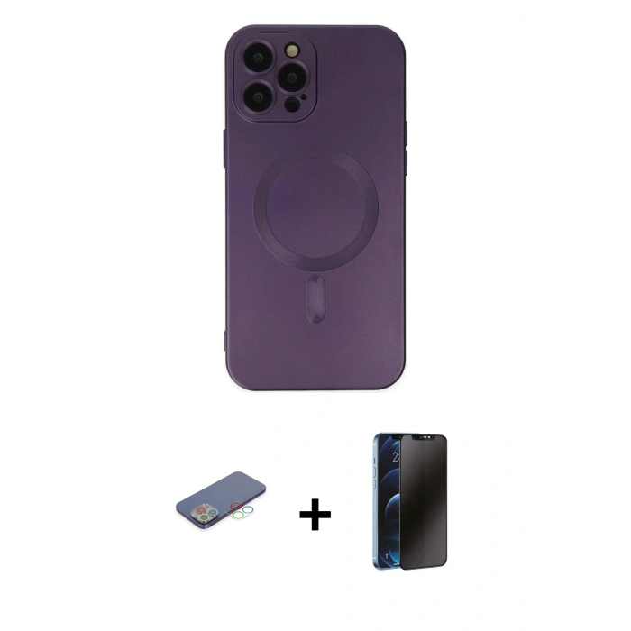 MARSİLYAN™- iPhone 12 Pro Max Kılıf Akış Minimal Özel Seri - Siyah 3D Antistatik Hayalet Cam Ekran Koruyucu + Mavi Renkli Kamera Lens Koruma Cam