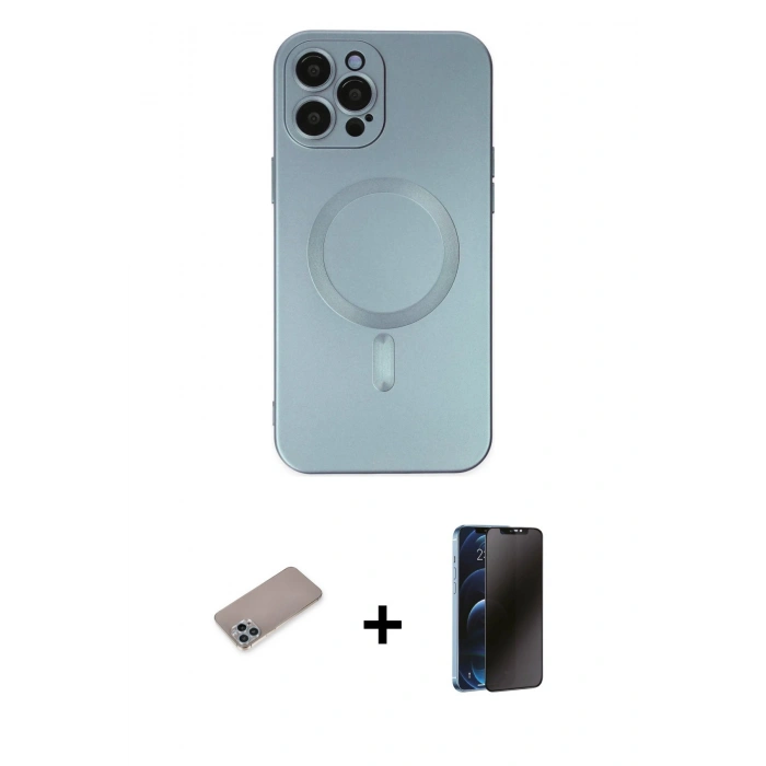 MARSİLYAN™- iPhone 12 Pro Max Kılıf Akış Minimal Özel Seri - Siyah 3D Antistatik Hayalet Cam Ekran Koruyucu + Shine Kamera Lens Koruma Cam - SABE