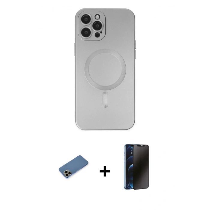 MARSİLYAN™- iPhone 12 Pro Max Kılıf Akış Minimal Özel Seri - Siyah 3D Antistatik Hayalet Cam Ekran Koruyucu + Shine Kamera Lens Koruma Cam - GD