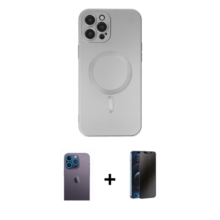 MARSİLYAN™- iPhone 12 Pro Max Kılıf Akış Minimal Özel Seri - Siyah 3D Antistatik Hayalet Cam Ekran Koruyucu + Mavi Neon Fosforlu Kamera Lens