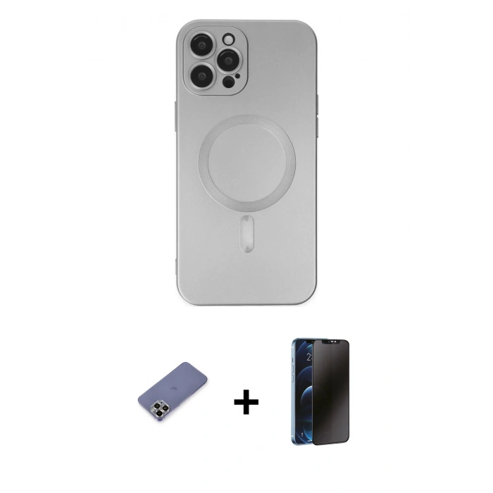 MARSİLYAN™- iPhone 12 Pro Max Kılıf Akış Minimal Özel Seri - Siyah 3D Antistatik Hayalet Cam Ekran Koruyucu + Metal Kamera Lens Koruma Cam - GD