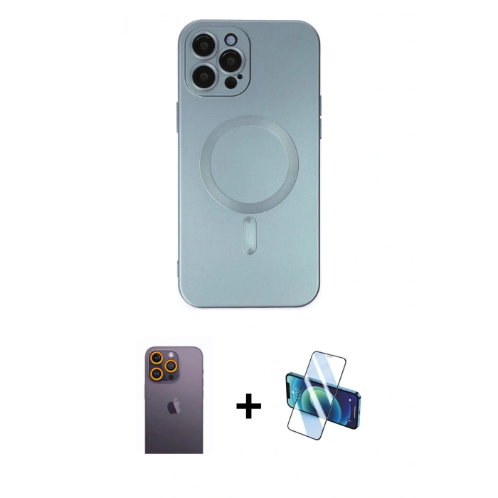 MARSİLYAN™- iPhone 12 Pro Max Kılıf Akış Minimal Özel Seri - Siyah 3D Antistatik Seramik Nano Ekran Koruyucu + Neon Fosforlu Kamera Lens - SI
