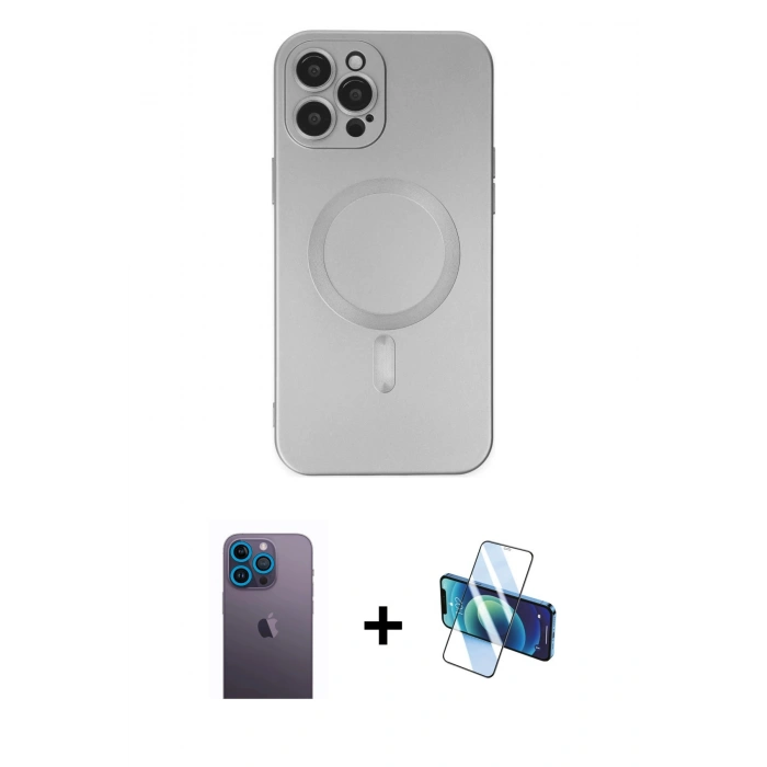 MARSİLYAN™- iPhone 12 Pro Max Kılıf Akış Minimal Özel Seri - Siyah 3D Antistatik Seramik Nano Ekran Koruyucu + Neon Fosforlu Kamera Lens - MI