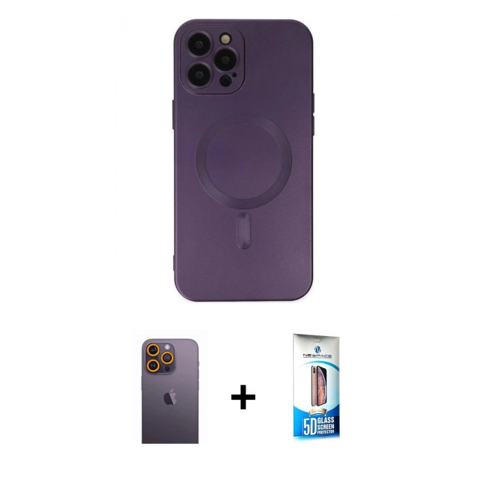 MARSİLYAN™- iPhone 12 Pro Max Kılıf Akış Minimal Özel Seri - Siyah 5D Eko Cam Ekran Koruyucu + Neon Fosforlu Kamera Lens - SI