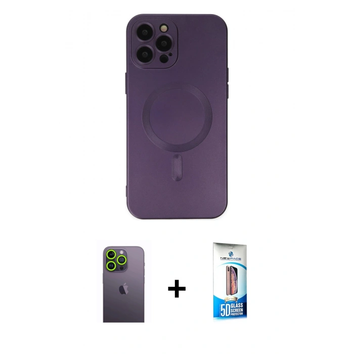 MARSİLYAN™- iPhone 12 Pro Max Kılıf Akış Minimal Özel Seri - Siyah 5D Eko Cam Ekran Koruyucu + Yeşil Neon Fosforlu Kamera Lens