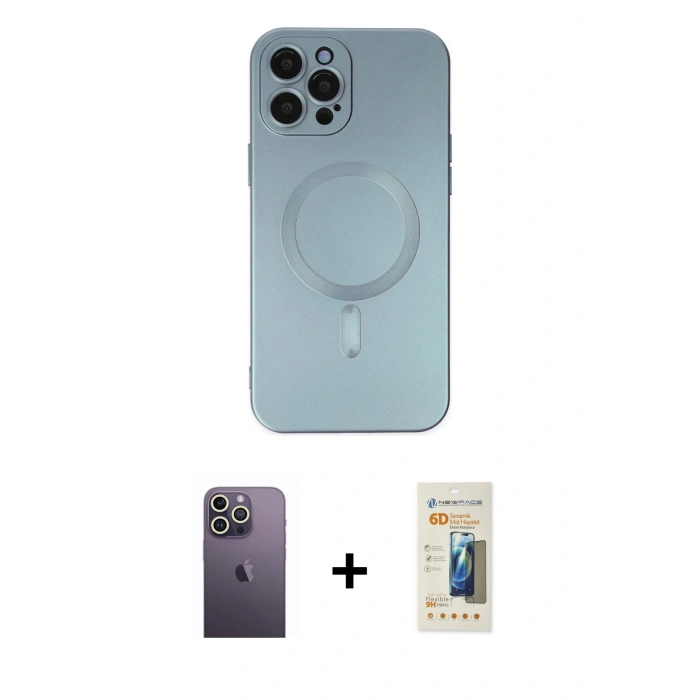 MARSİLYAN™- iPhone 12 Pro Max Kılıf Akış Minimal Özel Seri - Siyah 6D Mat Seramik Hayalet Nano Ekran Koruyucu + Neon Fosforlu Kamera Lens - BZ