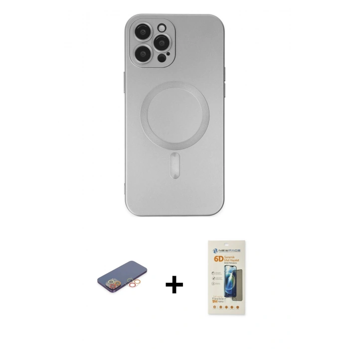 MARSİLYAN™- iPhone 12 Pro Max Kılıf Akış Minimal Özel Seri - Siyah 6D Mat Seramik Hayalet Nano Ekran Koruyucu + Renkli Kamera Lens Koruma Cam - TU