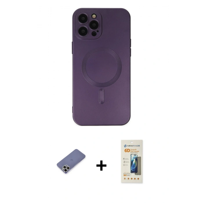 MARSİLYAN™- iPhone 12 Pro Max Kılıf Akış Minimal Özel Seri - Siyah 6D Mat Seramik Hayalet Nano Ekran Koruyucu + Metal Kamera Lens Koruma Cam - GD