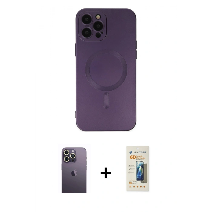 MARSİLYAN™- iPhone 12 Pro Max Kılıf Akış Minimal Özel Seri - Siyah 6D Mat Seramik Hayalet Nano Ekran Koruyucu + Neon Fosforlu Kamera Lens - BZ