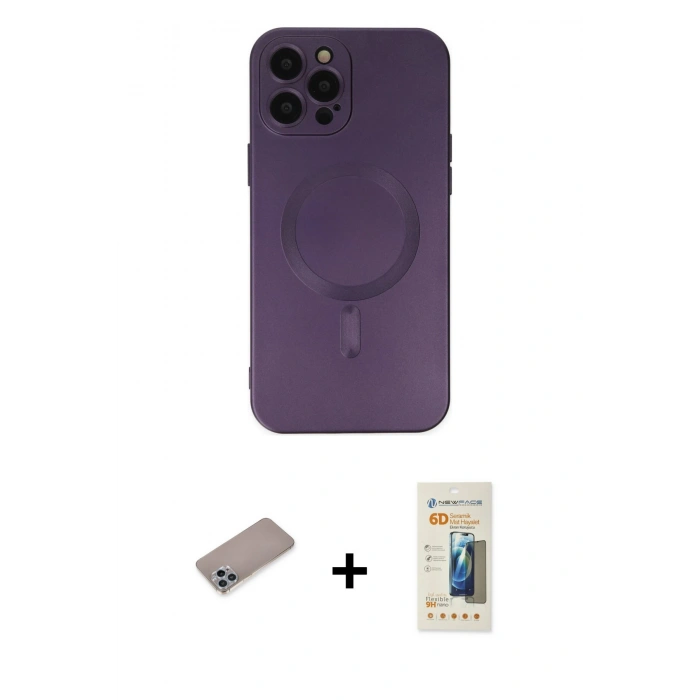 MARSİLYAN™- iPhone 12 Pro Max Kılıf Akış Minimal Özel Seri - Siyah 6D Mat Seramik Hayalet Nano Ekran Koruyucu + Sierra Blue Shine Kamera Lens Koruma Cam