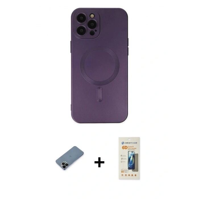 MARSİLYAN™- iPhone 12 Pro Max Kılıf Akış Minimal Özel Seri - Siyah 6D Mat Seramik Hayalet Nano Ekran Koruyucu + Siyah Shine Kamera Lens Koruma Cam
