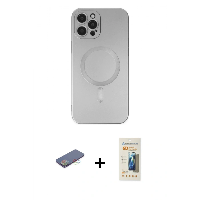 MARSİLYAN™- iPhone 12 Pro Max Kılıf Akış Minimal Özel Seri - Siyah 6D Mat Seramik Hayalet Nano Ekran Koruyucu + Renkli Kamera Lens Koruma Cam - MI