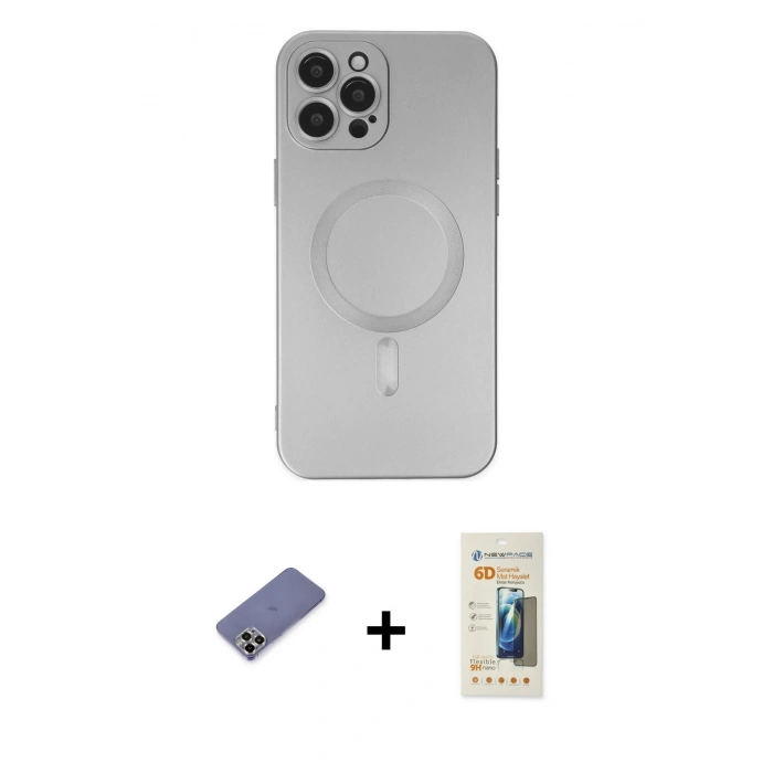 MARSİLYAN™- iPhone 12 Pro Max Kılıf Akış Minimal Özel Seri - Siyah 6D Mat Seramik Hayalet Nano Ekran Koruyucu + Metal Kamera Lens Koruma Cam - GD