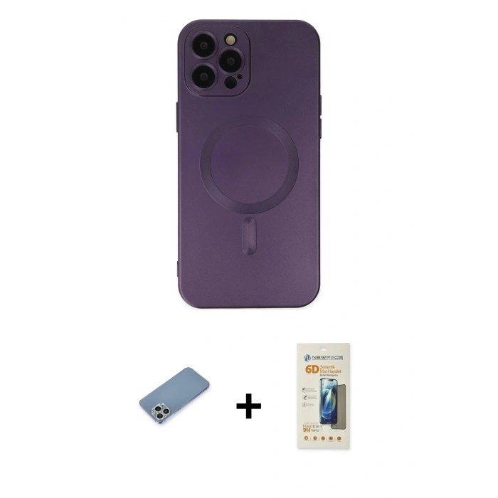 MARSİLYAN™- iPhone 12 Pro Max Kılıf Akış Minimal Özel Seri - Siyah 6D Mat Seramik Hayalet Nano Ekran Koruyucu + Shine Kamera Lens Koruma Cam - GS