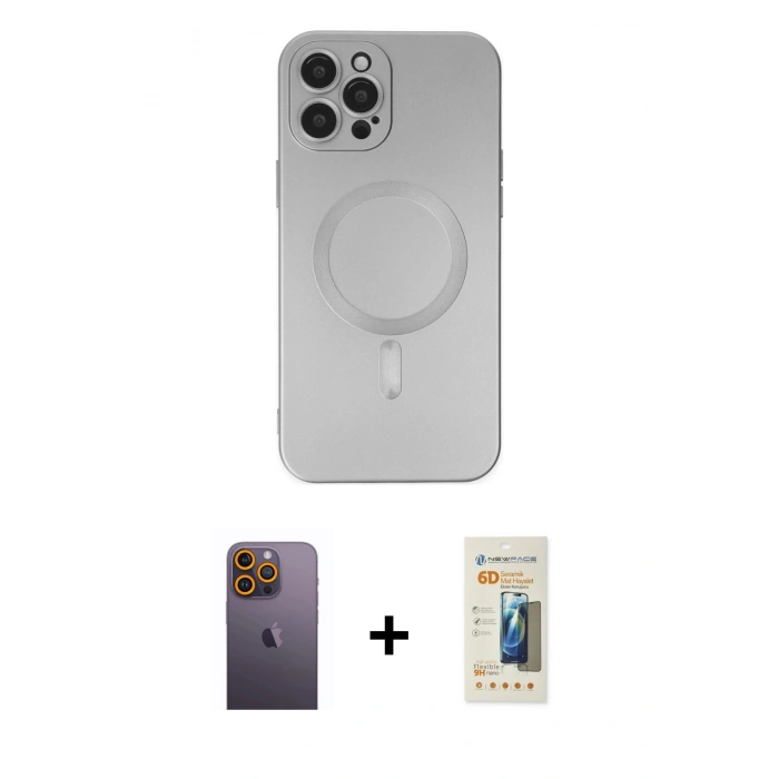 MARSİLYAN™- iPhone 12 Pro Max Kılıf Akış Minimal Özel Seri - Siyah 6D Mat Seramik Hayalet Nano Ekran Koruyucu + Neon Fosforlu Kamera Lens - SI