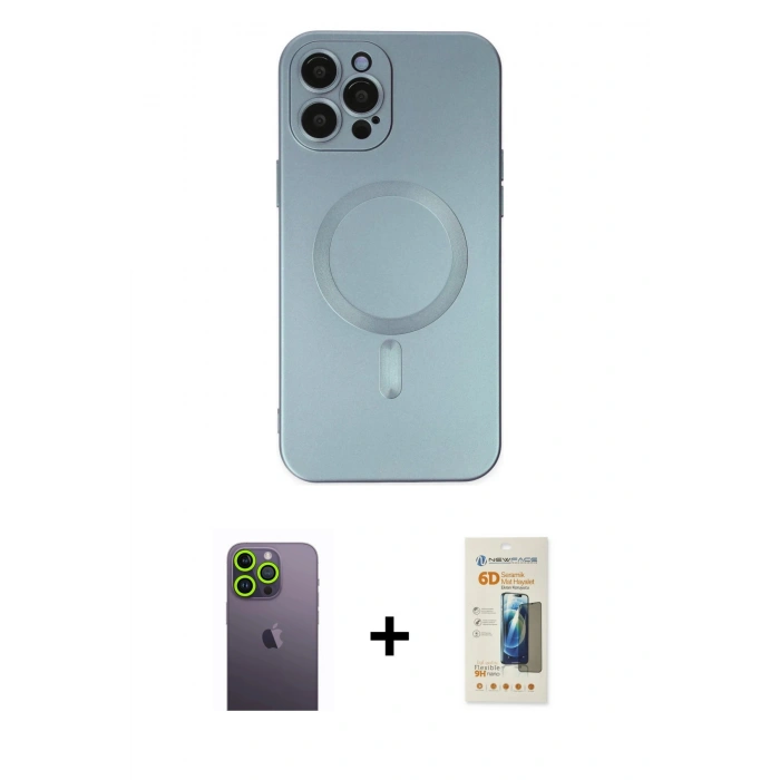 MARSİLYAN™- iPhone 12 Pro Max Kılıf Akış Minimal Özel Seri - Siyah 6D Mat Seramik Hayalet Nano Ekran Koruyucu + Neon Fosforlu Kamera Lens - YL