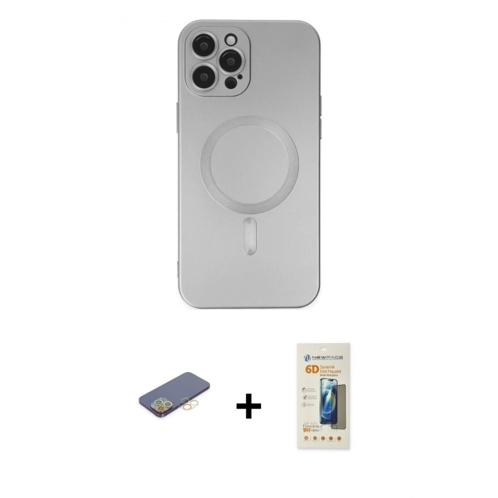 MARSİLYAN™- iPhone 12 Pro Max Kılıf Akış Minimal Özel Seri - Siyah 6D Mat Seramik Hayalet Nano Ekran Koruyucu + Renkli Kamera Lens Koruma Cam - SI