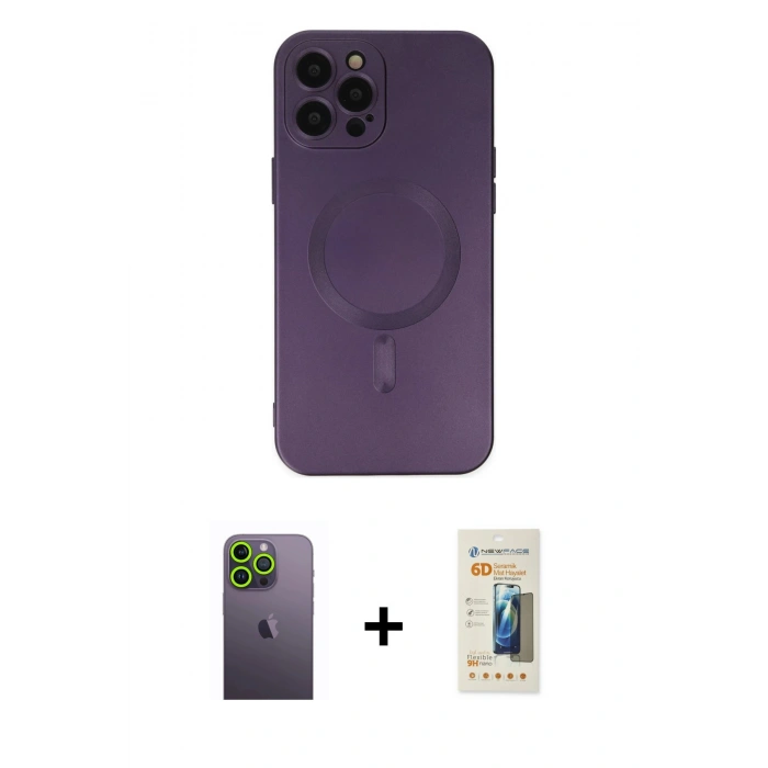 MARSİLYAN™- iPhone 12 Pro Max Kılıf Akış Minimal Özel Seri - Siyah 6D Mat Seramik Hayalet Nano Ekran Koruyucu + Neon Fosforlu Kamera Lens - YL