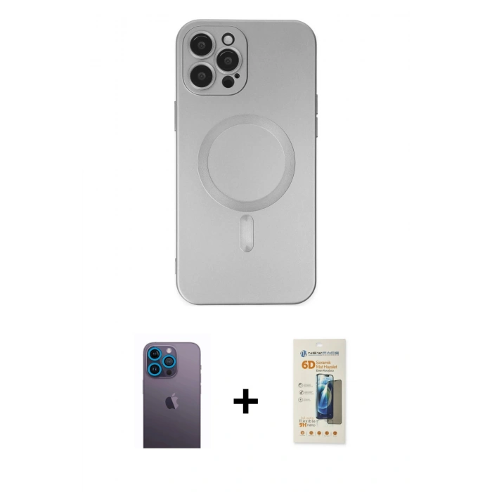 MARSİLYAN™- iPhone 12 Pro Max Kılıf Akış Minimal Özel Seri - Siyah 6D Mat Seramik Hayalet Nano Ekran Koruyucu + Neon Fosforlu Kamera Lens - MI