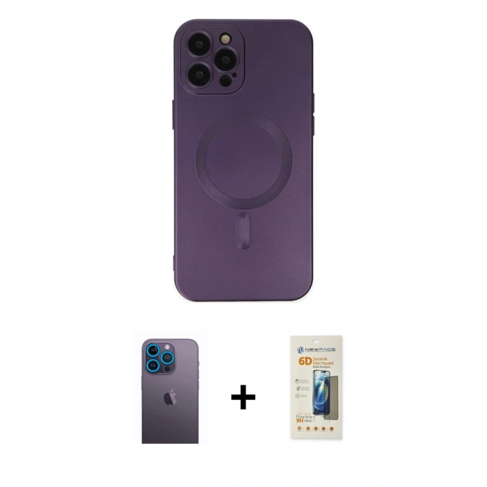 MARSİLYAN™- iPhone 12 Pro Max Kılıf Akış Minimal Özel Seri - Siyah 6D Mat Seramik Hayalet Nano Ekran Koruyucu + Neon Fosforlu Kamera Lens - MI
