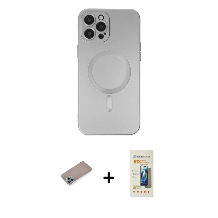 MARSİLYAN™- iPhone 12 Pro Max Kılıf Akış Minimal Özel Seri - Siyah 6D Mat Seramik Hayalet Nano Ekran Koruyucu + Sierra Blue Shine Kamera Lens Koruma Cam