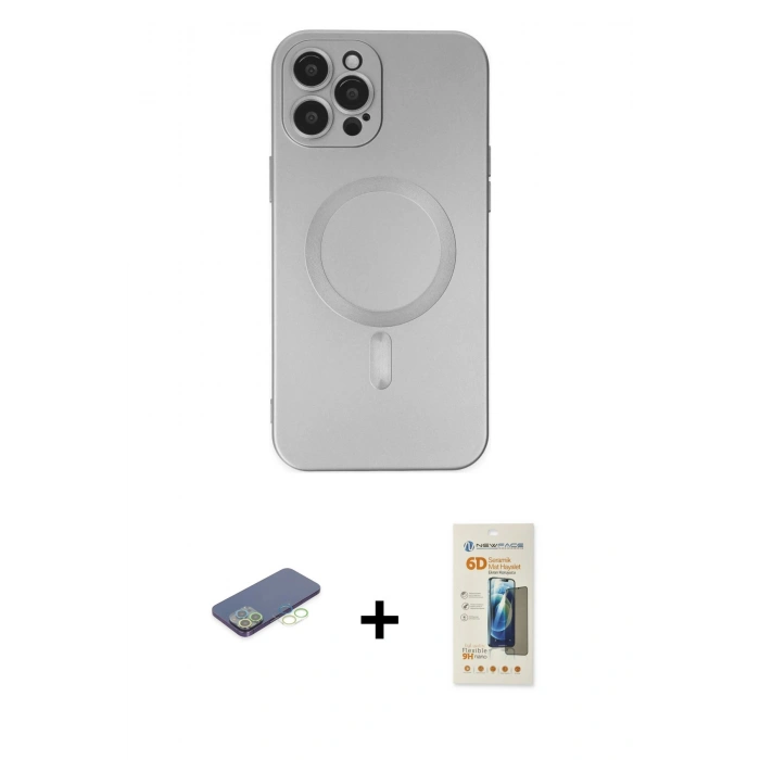 MARSİLYAN™- iPhone 12 Pro Max Kılıf Akış Minimal Özel Seri - Siyah 6D Mat Seramik Hayalet Nano Ekran Koruyucu + Renkli Kamera Lens Koruma Cam - YL