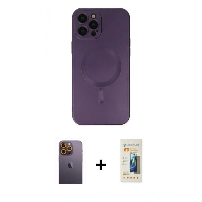 MARSİLYAN™- iPhone 12 Pro Max Kılıf Akış Minimal Özel Seri - Siyah 6D Mat Seramik Hayalet Nano Ekran Koruyucu + Neon Fosforlu Kamera Lens - SI