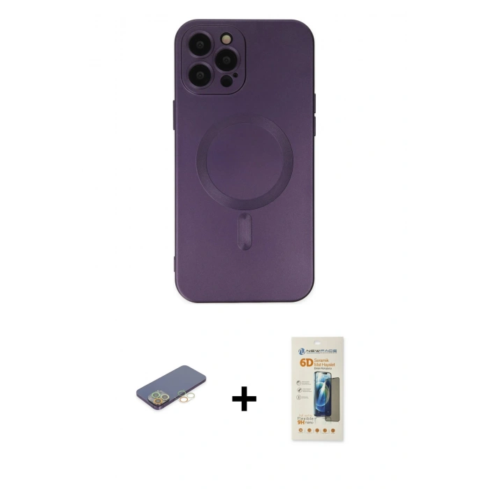 MARSİLYAN™- iPhone 12 Pro Max Kılıf Akış Minimal Özel Seri - Siyah 6D Mat Seramik Hayalet Nano Ekran Koruyucu + Renkli Kamera Lens Koruma Cam - SI