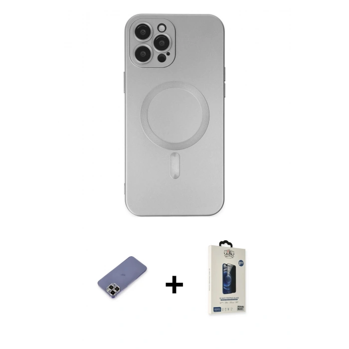 MARSİLYAN™- iPhone 12 Pro Max Kılıf Akış Minimal Özel Seri - Siyah Bilvis Hayalet Cam Ekran Koruyucu + Metal Kamera Lens Koruma Cam - GD