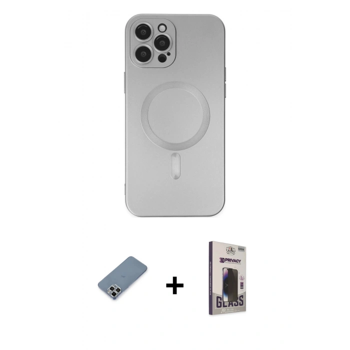 MARSİLYAN™- iPhone 12 Pro Max Kılıf Akış Minimal Özel Seri - Siyah Bilvis Hayalet Cam Ekran Koruyucu + Gümüş Metal Kamera Lens Koruma Cam